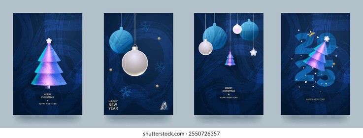 Conjunto de cartões de Natal e Ano Novo. Conceitos de ilustração vetorial para fundo, cartão de saudação, cartão de convite de festa, banner, mídia social. Traçados, formas 3D, gradientes. Vetor