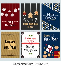 Set of Christmas and New Year cards with flat style and hand-lettering typography. Vector illustrations of online promotions, mobile website banners, posters, ads, coupons, social media banners.