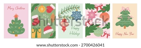 A set of Christmas and New Year cards. Happy holidays. Hand-drawn Christmas cards. Vector.
