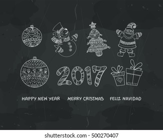 Set of christmas and new year chalk drawings on chalk board. Christmas tree, ornaments, snowman, santa claus, presents, 2017, greetings. Outline winter holiday symbols, icons, decorations. Vector