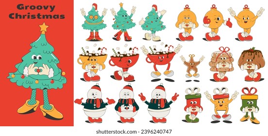 conjunto de personajes de Navidad y Año Nuevo en diferentes poses, aislados en un fondo blanco, en un estilo retro de caricatura de los años 50-60. Árbol de Navidad, cacao, bola, galletas, quequitos, muñecos de nieve, regalos. Vector