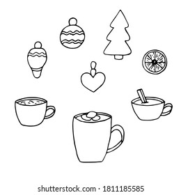 Set of Christmas and New Year cliparts, vector illustration,  Christmas toys and hot chocolate, hand drawing