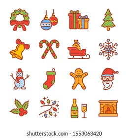 Set of Christmas and New Year color outline icons. Vector illustration.