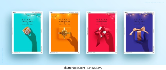 Set Christmas and New Year covers, posters greeting card. Holiday Xmas background with presents, sparkle garland. Female Silhouette shadow from the hands holds. Creative holiday banner with gift box