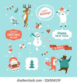 Set of Christmas and New Year Cute Hand Drawn Vector Decorative Design Elements with Cartoon Characters