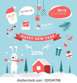 Set of Christmas and New Year Cute Hand Drawn Vector Decorative Design Elements with Cartoon Characters