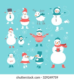 Set of Christmas and New Year Cute Hand Drawn Vector Decorative Design Elements with Cartoon Characters