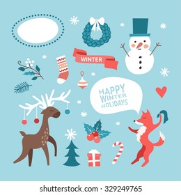 Set of Christmas and New Year Cute Hand Drawn Vector Decorative Design Elements with Cartoon Characters