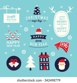Set of Christmas and New Year Cute Hand Drawn Vector Decorative Design Elements with Cartoon Characters
