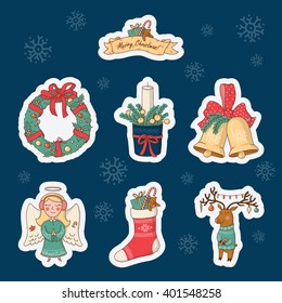 Set of Christmas and New Year cute vector design elements with cartoon characters