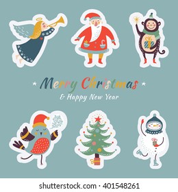 Set of Christmas and New Year cute vector design elements with cartoon characters