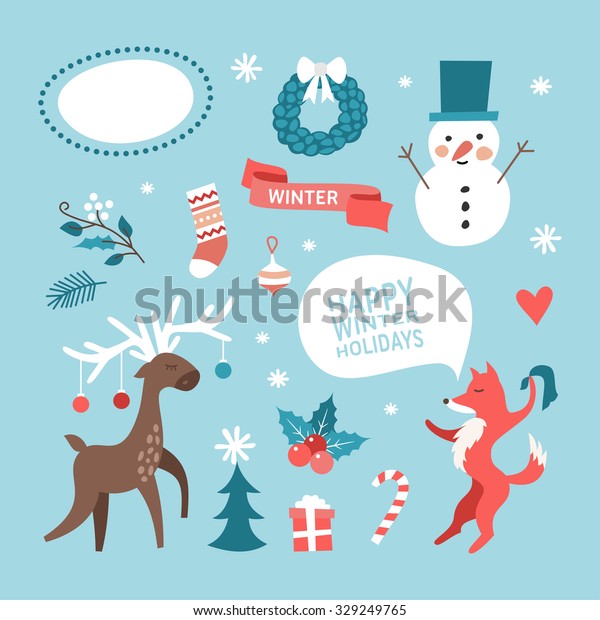 Set of Christmas and New\
Year Cute Hand Drawn Vector Decorative Design Elements with Cartoon\
Characters