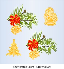 Set of Christmas and New Year decoration Christmas ornaments with ribbon and  fish and angel fir tree branches vintage vector illustration editable hand draw