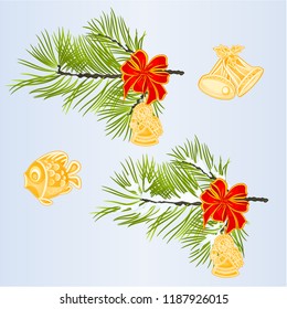 Set of Christmas and New Year decoration Christmas ornaments with ribbon and angel bells and fish and fir tree branches vintage vector illustration editable hand draw