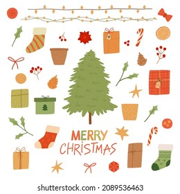 Set of Christmas and New Year decoration elements. Tree, stars, lights, decoration balls, lamps, gift boxes, socks, stocking, toys. Vector cartoon flat illustration.