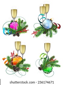 Set of Christmas and New Year decoration elements with glasses of champagne isolated on a white background.