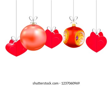Set of Christmas and New Year decorations isolated on white background. Christmas tree toys on a strings. Vector illustration