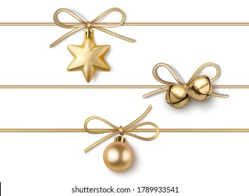 Set of Christmas and new year decorations. Golden rope with bow, star, ball and bells isolated on white.