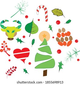 Set von Weihnachten und Neujahr Dekoration. Handgezeichnet. Grußkarte, Vektorgrafik, Illustration