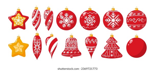 Set of Christmas and New Year decorations designs in flat style. Ball, gold star, icicle, spruce, red bell with white ornament. Winter holiday objects. Vector illustration.