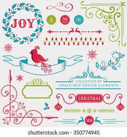Set of christmas and new year decorations isolated on white background. Collection of elements for greeting card, party invitations, page and web decor or other holiday design. Vector illustration.