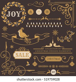 Set of Christmas and New Year decorations. Collection of vector elements for greeting card, party invitations, sale label, page and web decor or other holiday design.