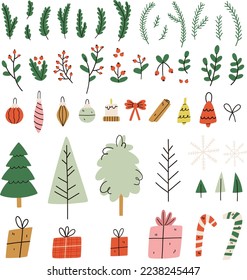 Set of Christmas and New Year decorative elements. Christmas tree, fir, pine, ball, bow, gift box, mistletoe branch. Vector hand drawn cartoon illustration.