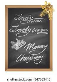 Set of Christmas and New Year decorative text chalk element on black board Vector illustration