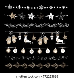 Set of Christmas or New Year decorative borders, strings or garlands. Party decoration with Christmas balls, baubles, stras, fir tree branches and snowflakes. Isolated vector objects.