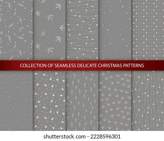 Set of Christmas, new year delicate elegance ppatterns, snowflakes line illustrations. Vector elements of winter holidays, cold season snowfall.