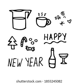 Set of Christmas, New Year design elements:mulled wine, tea, champagne, candy. Happy holidays theme. Hand drawn stock vector illustration in doodle style, outline drawing isolated on white background.