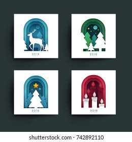 Set of Christmas, new year design background in paper cut trendy craft cartoon style. Templates for cover poster, banner, greeting card, flyer. Mockup branding, advertisement. Vector illustration.