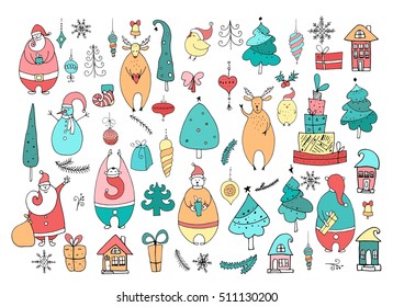 Set of Christmas and New Year doodle holiday characters: Santa, bear, snowman, noel, gift, balls, bell, snowflakes. Funny cute design. 