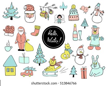 Set of Christmas and New Year doodle holiday characters Santa, bear, snowman, noel, gift, cat on a sled, rabbit, angel, car, cup and other items. Funny cute design.