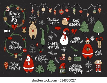 Set of Christmas and New Year doodle holiday characters and elements: Santa, bear, snowman, noel, gift, balls, bell, snowflakes, garland, wreaths, lettering. Funny cute design. 