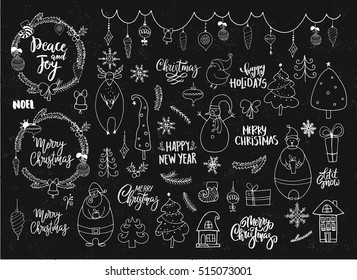 Set of Christmas and New Year doodle holiday characters and elements: Santa, bear, snowman, noel, gift, balls, bell, snowflakes, garland, wreaths, lettering. Funny cute design.