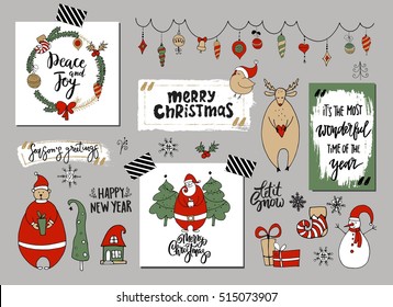 Set of Christmas and New Year doodle holiday characters and design elements: Santa, bear, snowman, noel, gift, balls, bell, snowflakes, garland, wreath, lettering. Funny cute card, sticker design.