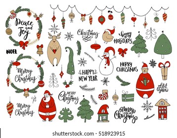 Set of Christmas and New Year doodle holiday characters and elements: Santa, bear, snowman, noel, gift, balls, bell, snowflakes, garland, wreaths, lettering. Funny cute design.