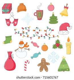 Set of Christmas and New Year doodle holiday characters and elements.Template for Greeting Scrap booking, Congratulations, Invitations.