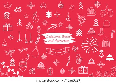Set of Christmas and New Year doodle holiday characters and elements.Template for Greeting Scrapbooking, Congratulations, Invitations.