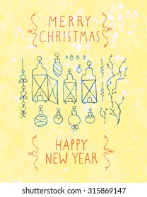 Set of Christmas / New year doodles design. English text. Hand-drawn stylish slim elements. Vector 