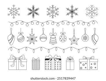 Set of Christmas and New Year drawing icons. Snowflakes, Christmas tree balls, gift boxes. Vector on white background