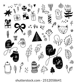 A set of Christmas and New Year drawings in the doodle style. A collection of hand-drawn children's holiday vectors.