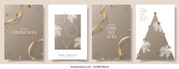 Set von eleganten Weihnachts- und Neujahrspolstern. Trendy Vektorgrafik mit Satinbändern, goldenem Konfetti und Typografie-Design. Minimalistische Neujahrsflyer für Anzeigen, Cover, Party, Social Media.