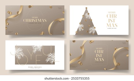 Set of Christmas and New Year elegant banners. Trendy vector illustration with satin ribbons, golden confetti and typography design. Minimalist New Year banners for ads, cover, party, social media.