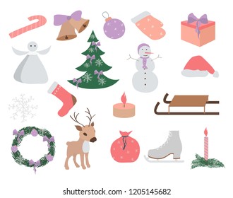 Set of Christmas and New Year elements, hand drawn style -animals and other elements. Vector illustration.