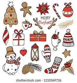Set of Christmas and New Year elements. Hand drawn vector illustration.