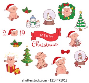 Set of Christmas and New Year elements and icons. Pig in Santas hat, snow man, christmas tree, snow globe. Isolated, vector illustration, white background.
