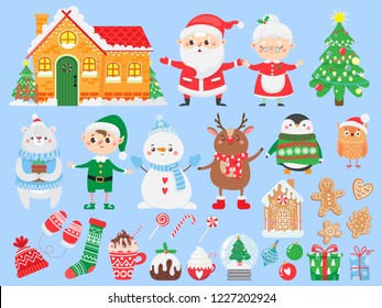 Set of Christmas and New Year elements. Santa Claus & Mrs. Claus. Funny Elf, deer, bear, snowman and penguin. Winter Holidays. North Pole.Vector illustration.