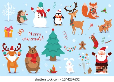 Set of Christmas and New Year elements with animals and Santa. Vector illustration.